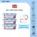 Bộ 3 Hộp Đựng Thực Phẩm  Việt Son 450ml Nắp Khóa 4 Cạnh Kín Hơi